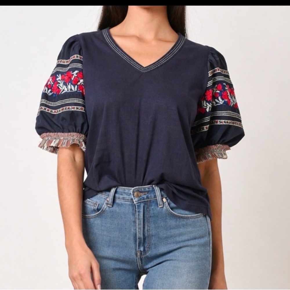 Anthropologie Navy Blue Embroidered Puff Sleeve V-Neck Blouse Shirt XS